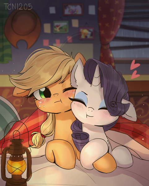 Size: 1040x1297 | Tagged: safe, artist:tcn1205, derpibooru import, applejack, rarity, earth pony, pony, unicorn, :t, applejack's hat, bed, blanket, blushing, complex background, cowboy hat, cuddling, cute, daaaaaaaaaaaw, digital art, eyes closed, female, happy, hat, heart, holding hooves, jackabetes, lamp, laying on bed, lesbian, lying down, mare, night, nuzzling, on bed, raribetes, rarijack, shipping, smiling, squishy cheeks, weapons-grade cute