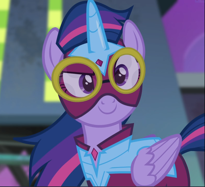 Size: 1030x940 | Tagged: safe, derpibooru import, screencap, masked matter-horn, twilight sparkle, twilight sparkle (alicorn), alicorn, pony, power ponies (episode), cropped, power ponies, raised eyebrow, smiling, solo