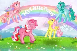 Size: 600x398 | Tagged: artist:dreamvalleymlp, bow, derpibooru import, deviantart watermark, flutter pony, flying, g1, galaxy (g1), honeysuckle, obtrusive watermark, peach blossom, rainbow, rosedust, safe, tail bow, twinkle eyed pony, watermark