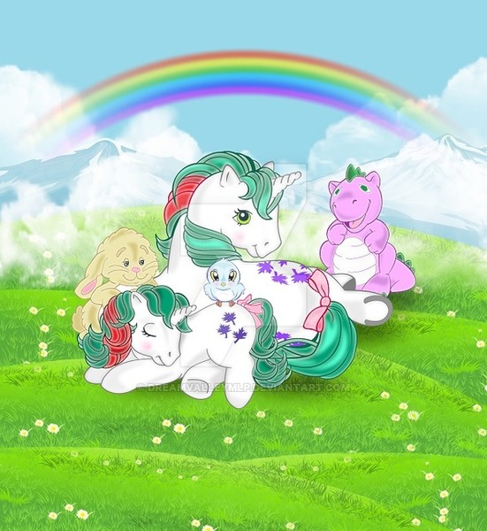 Size: 600x653 | Tagged: safe, artist:dreamvalleymlp, derpibooru import, baby gusty, gusty, spike (g1), bird, pony, rabbit, unicorn, animal, baby, baby pony, cute, daaaaaaaaaaaw, deviantart watermark, g1, lying down, obtrusive watermark, rainbow, side, watermark