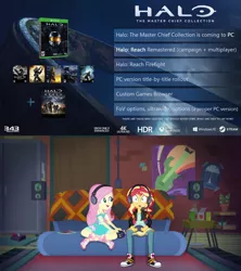 Size: 1920x2160 | Tagged: safe, derpibooru import, edit, edited screencap, screencap, fluttershy, sunset shimmer, equestria girls, equestria girls series, game stream, spoiler:eqg series (season 2), clothes, converse, gamer fluttershy, gamer sunset, halo (series), halo 2, halo 3, halo 3 odst, halo 4, halo combat evolved, halo reach, halo the master chief collection, imminent fangirling, shoes, sunset gamer