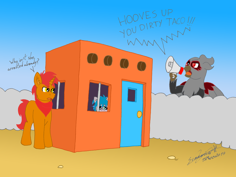 Size: 7439x5572 | Tagged: safe, artist:summerium, derpibooru import, oc, oc:bonfire (pony), oc:gideon, oc:glitchy, earth pony, gryphon, pony, unicorn, angry, desert, female, male, megaphone, text