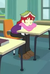 Size: 271x403 | Tagged: safe, derpibooru import, screencap, nolan north, equestria girls, equestria girls series, schedule swap, spoiler:eqg series (season 2), background human, book, clothes, cropped, eyes closed, male, pants, shoes, sleeping, sleeping in class