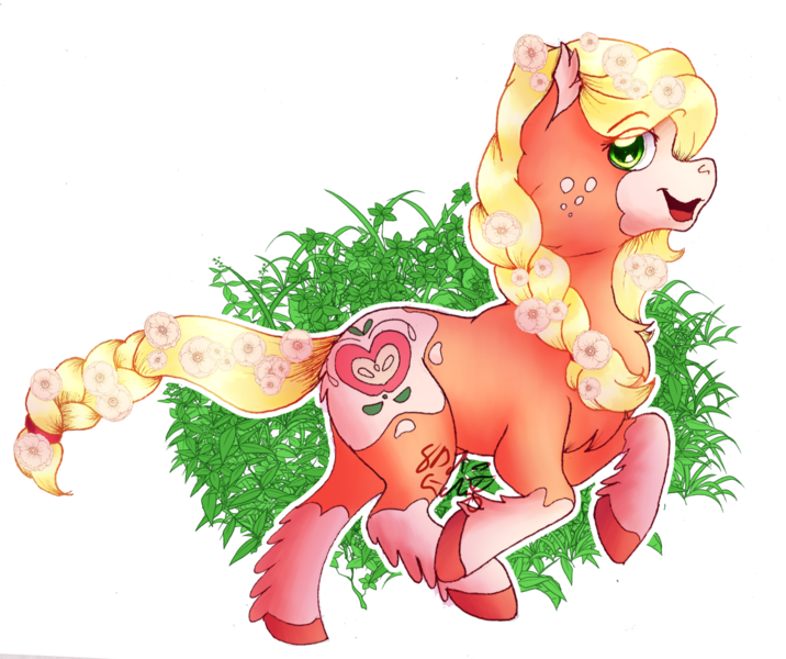 Size: 1620x1358 | Tagged: safe, artist:8bitgalaxy, derpibooru import, applejack, earth pony, horse, pony, leak, spoiler:g5, applejack (g5), braid, braided tail, female, freckles, g5, happy, mare, open mouth, simple background, smiling, solo, transparent background, unshorn fetlocks