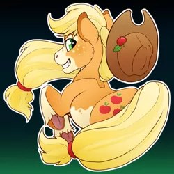 Size: 2449x2449 | Tagged: safe, artist:turnipberry, deleted from derpibooru, derpibooru import, applejack, earth pony, pony, alternate design, blaze (coat marking), cowboy hat, female, freckles, frog (hoof), gradient background, grin, hat, looking at you, looking back, looking back at you, mare, outline, smiling, socks (coat marking), solo, stetson, underhoof, white outline