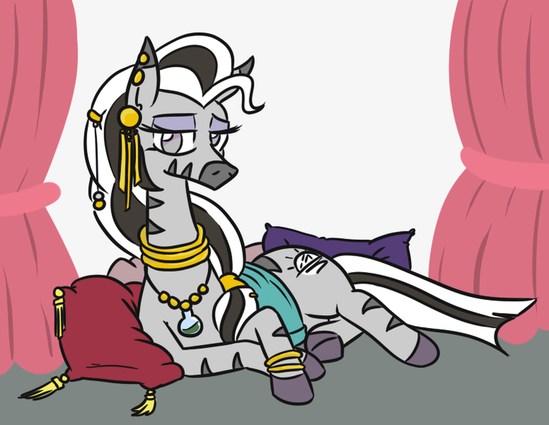 Size: 776x601 | Tagged: artist:jargon scott, bed, bracelet, derpibooru import, ear piercing, earring, eyelashes, eyeshadow, female, jewelry, lidded eyes, looking at you, makeup, mare, necklace, oc, oc:matriarch zeg'us, piercing, pillow, potion, quadrupedal, safe, side, simple background, solo, underhoof, white background, zebra, zebra oc