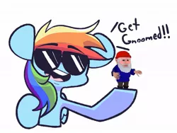 Size: 1003x754 | Tagged: safe, artist:sourspot, derpibooru import, rainbow dash, gnome, pony, female, mare, noggin clontith, simple background, smiling, solo, sunglasses, you've been gnomed