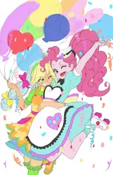 Size: 903x1400 | Tagged: safe, artist:puri__kyua, derpibooru import, applejack, pinkie pie, coinky-dink world, eqg summertime shorts, equestria girls, shake things up!, anime, balloon, confetti, cute, diner uniform, duo, duo female, female, hairnet, hug, jumping, one eye closed, roller skates, server pinkie pie, smiling