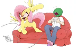 Size: 1386x890 | Tagged: safe, artist:shoutingisfun, derpibooru import, fluttershy, oc, oc:anon, human, pegasus, pony, anon's couch, clothes, controller, couch, cross-popping veins, destruction, dreamcast, feather, female, flutterrage, male, mare, mismatched socks, ooc is serious business, rage, rage quit, sega dreamcast, simple background, socks, spread wings, throwing, vein bulge, video game, vmu, white background, wings