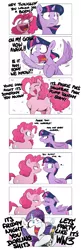 Size: 935x2886 | Tagged: safe, artist:shoutingisfun, derpibooru import, pinkie pie, rarity, twilight sparkle, twilight sparkle (alicorn), alicorn, earth pony, pony, unicorn, and then there's rarity, bait and switch, blushing, bottle, chubbie pie, chubby, comic, darling, dialogue, drunk rarity, eyes closed, female, floppy ears, friday night, implied ww3, lesbian, looking at each other, magic, mare, misunderstanding, mood whiplash, open mouth, plump, shipping, simple background, sophisticated as hell, spread wings, telekinesis, twinkie, vulgar, white background, wingboner, wings, world war iii