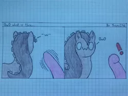 Size: 4128x3096 | Tagged: safe, artist:juani236, derpibooru import, oc, oc:couchry desim, earth pony, pony, comic, duo, graph paper, lined paper, owo, owo what's this?, traditional art, zipper