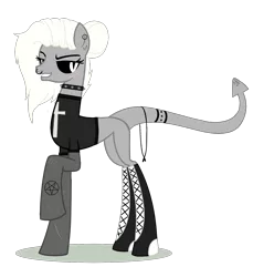 Size: 1556x1696 | Tagged: safe, artist:elementbases, artist:space--paws0w0, derpibooru import, oc, oc:akuma (ice1517), unofficial characters only, demon, demon pony, original species, pony, base used, bedroom eyes, black sclera, boots, choker, clothes, colored sclera, converse, cross, ear piercing, earring, female, grin, jewelry, mare, nose piercing, nose ring, pentagram, piercing, raised hoof, scar, shirt, shoes, simple background, smiling, solo, spiked choker, t-shirt, tattoo, transparent background