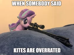 Size: 666x500 | Tagged: safe, artist:nekokevin, derpibooru import, edit, starlight glimmer, pony, series:nekokevin's glimmy, caption, exploitable meme, gun, image macro, imgflip, irl, kite, meme, photo, plushie, snipelight glimmer, sniper, text, that pony sure does love kites, weapon