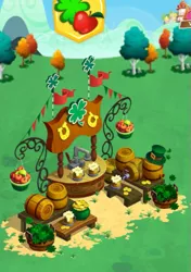 Size: 405x576 | Tagged: safe, derpibooru import, pony, apple cider, bits, cider stand, clover, four leaf clover, gameloft, holiday, limited-time story, pot, saint patrick's day, the anonymous campsite, vendor