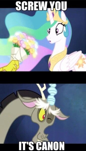 Size: 498x874 | Tagged: safe, derpibooru import, edit, edited screencap, screencap, discord, princess celestia, alicorn, draconequus, pony, best gift ever, season 4, twilight's kingdom, :o, bait, bouquet, caption, dislestia, fangs, female, flower, image macro, looking at something, male, mare, meme, one eye closed, open mouth, otp, shipping, smiling, straight, surprised, text, wide eyes, wink