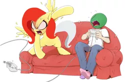 Size: 1275x839 | Tagged: safe, artist:shoutingisfun, derpibooru import, edit, fluttershy, oc, oc:anon, human, pegasus, pony, elements of insanity, anon's couch, clothes, controller, couch, cross-popping veins, feather, female, flutterrage, fluttershout, male, mare, mismatched socks, ooc is serious business, paint, rage, rage quit, sega dreamcast, simple background, socks, spread wings, throwing, vein bulge, video game, white background, wings