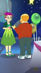 Size: 462x810 | Tagged: safe, derpibooru import, screencap, grassy knoll (character), thick coat, equestria girls, equestria girls series, twilight under the stars, spoiler:eqg series (season 2), background human, bald, balloon, clothes, cropped, dress, female, glasses, male, male pattern baldness, pants, shoes, sneakers