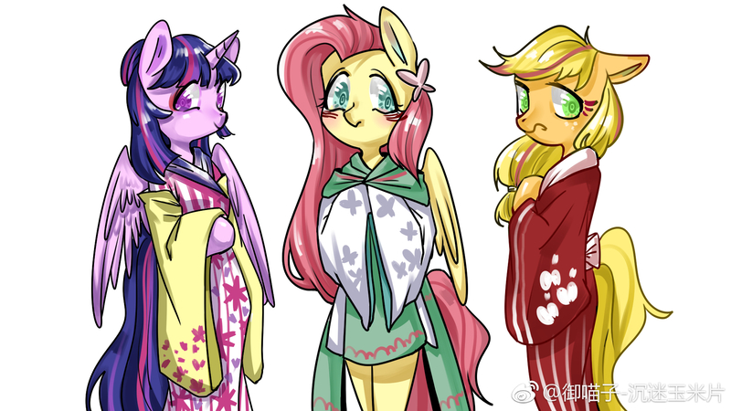 Size: 1920x1080 | Tagged: safe, artist:royal, derpibooru import, applejack, fluttershy, twilight sparkle, twilight sparkle (alicorn), alicorn, anthro, earth pony, pegasus, clothes, female, kimono (clothing)