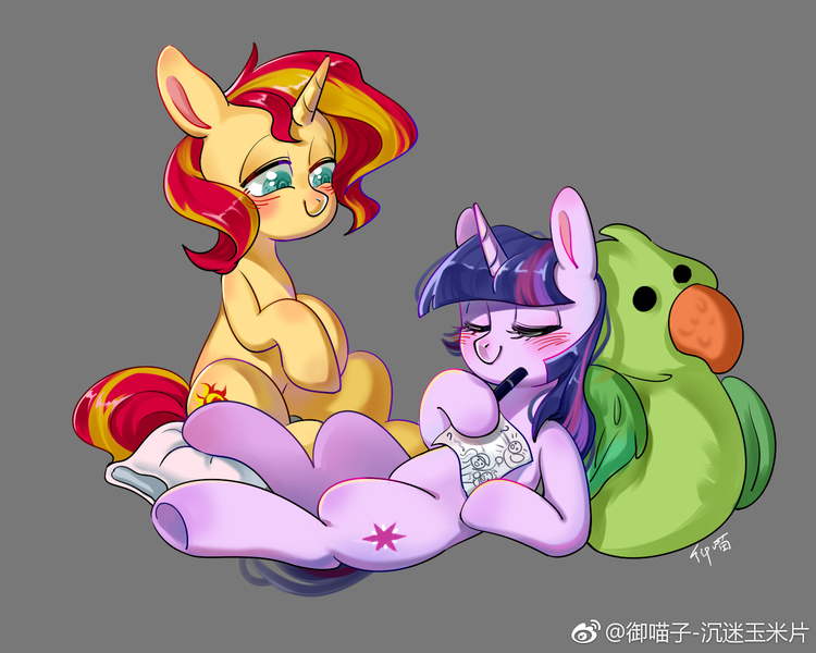 Size: 1500x1200 | Tagged: safe, artist:royal, derpibooru import, sunset shimmer, twilight sparkle, bird, parakeet, pony, unicorn, blushing, female, it's not about the parakeet, mare, plushie, sleeping