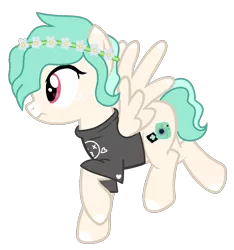 Size: 1141x1221 | Tagged: safe, artist:pegasski, artist:space--paws0w0, derpibooru import, oc, oc:snap happy, pegasus, pony, base used, blaze (coat marking), clothes, female, floral head wreath, flower, flying, freckles, mare, raised hoof, shirt, simple background, solo, t-shirt, transparent background