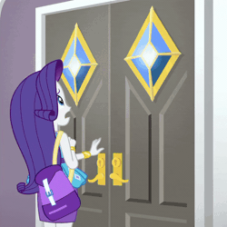 Size: 800x800 | Tagged: safe, derpibooru import, screencap, rarity, equestria girls, equestria girls series, fomo, spoiler:eqg series (season 2), animated, armpits, arms in the air, clothes, cropped, door, dress, female, geode of shielding, gif, hands in the air, image, magical geodes, marshmelodrama, purse, rarity being rarity, rarity peplum dress, sleeveless, sleeveless dress, swoon