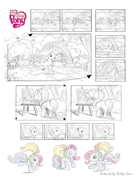 Size: 1236x1600 | Tagged: safe, artist:kathy carr, derpibooru import, rainbow dash (g3), scootaloo (g3), sweetie belle (g3), toola roola, pony, g3, intro, storyboard, theme song