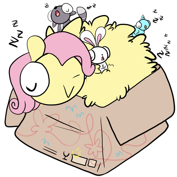Size: 1280x1280 | Tagged: safe, artist:asksillypones, derpibooru import, angel bunny, fluttershy, bird, pegasus, pony, rabbit, :>, :o, animal, box, chibi, cute, eyes closed, female, fluffy, if i fits i sits, mare, onomatopoeia, open mouth, pony in a box, shyabetes, simple background, sleeping, smiling, sound effects, white background, z, zzz