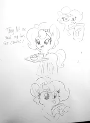 Size: 1277x1741 | Tagged: safe, artist:tjpones, derpibooru import, oc, oc:brownie bun, unofficial characters only, earth pony, pony, horse wife, crudités, dialogue, drink, drinking straw, ear fluff, food, grayscale, hoof hold, lineart, monochrome, peanut butter, simple background, tongue out, traditional art, tray