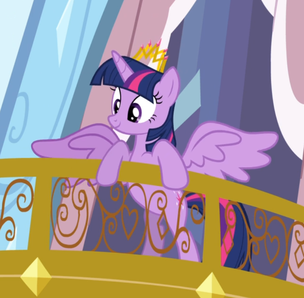 Size: 844x827 | Tagged: safe, derpibooru import, screencap, twilight sparkle, twilight sparkle (alicorn), alicorn, pony, twilight's kingdom, balcony, cropped, crown, jewelry, leaning, regalia, smiling, solo, spread wings, wings