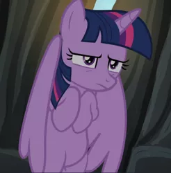 Size: 922x938 | Tagged: safe, derpibooru import, screencap, twilight sparkle, twilight sparkle (alicorn), alicorn, pony, twilight's kingdom, belly, cramped, cropped, female, mare, solo, stuck, twilight is not amused, unamused