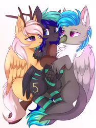Size: 3000x4000 | Tagged: safe, artist:pesty_skillengton, derpibooru import, oc, oc:antler pone, oc:fluffy (the griffon), oc:moonstone mark, unofficial characters only, gryphon, pegasus, pony, background removed, bedroom eyes, cuddling, griffon oc, snuggling