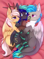 Size: 3000x4000 | Tagged: safe, artist:pesty_skillengton, derpibooru import, oc, oc:antler pone, oc:fluffy (the griffon), oc:moonstone mark, unofficial characters only, gryphon, pony, bedroom eyes, cuddling, interspecies, snuggling