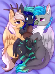 Size: 3000x4000 | Tagged: safe, artist:pesty_skillengton, derpibooru import, oc, oc:antler pone, oc:fluffy (the griffon), oc:moonstone mark, unofficial characters only, gryphon, pony, bedroom eyes, cuddling, snuggling