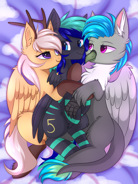 Size: 3000x4000 | Tagged: safe, artist:pesty_skillengton, derpibooru import, oc, oc:antler pone, oc:fluffy (the griffon), oc:moonstone mark, unofficial characters only, gryphon, pony, bedroom eyes, cuddling, snuggling