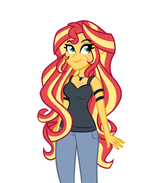 Size: 920x1080 | Tagged: dead source, safe, artist:wubcakeva, derpibooru import, sunset shimmer, comic:twilight's lab, equestria girls, adult, alternate universe, clothes, comic, eye scar, female, older, pants, scar, simple background, sleeveless, smiling, solo, tanktop, transparent background