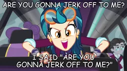 Size: 888x499 | Tagged: suggestive, derpibooru import, edit, edited screencap, editor:earwaxkid, screencap, indigo zap, jet set, suri polomare, equestria girls, are we gonna win?, caption, crystal prep academy, image macro, implied masturbation, looking at you, solo focus, text