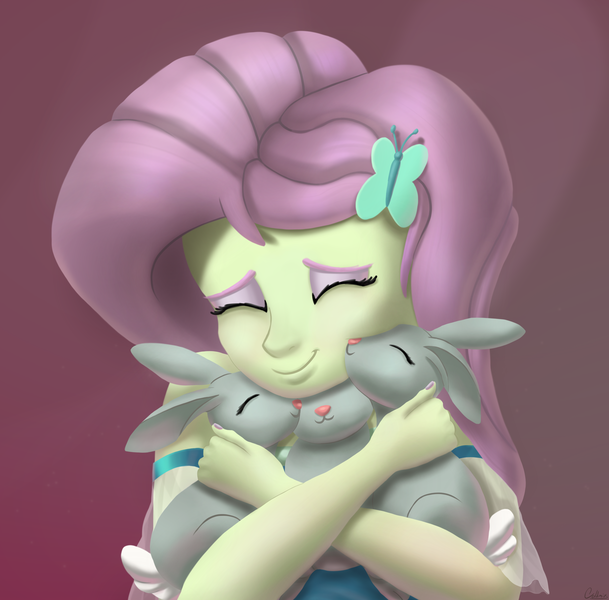 Size: 2459x2421 | Tagged: safe, artist:coldmix, derpibooru import, fluttershy, rabbit, equestria girls, equestria girls series, teacher of the month (episode), spoiler:interseason shorts, animal, cute, equestria girls interpretation, female, hug, scene interpretation, shyabetes, smiling, snuggling, solo