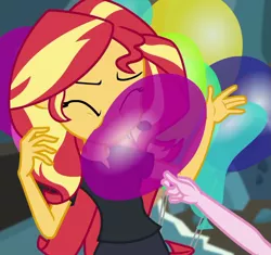 Size: 1143x1076 | Tagged: safe, derpibooru import, screencap, pinkie pie, sunset shimmer, all the world's off stage, equestria girls, equestria girls series, all the world's off stage: pinkie pie, balloon, clothes, cropped, solo focus