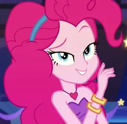 Size: 1106x1080 | Tagged: safe, derpibooru import, screencap, pinkie pie, equestria girls, equestria girls series, twilight under the stars, spoiler:eqg series (season 2), bare shoulders, breaking the fourth wall, cake fixes everything, cropped, fourth wall, grin, lidded eyes, sleeveless, smiling, smirk, strapless