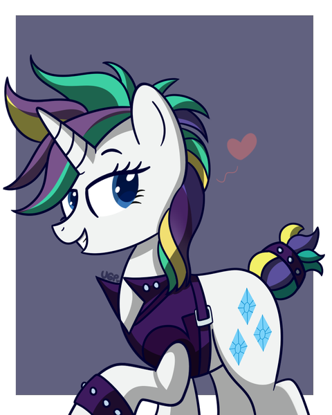 Size: 800x1000 | Tagged: safe, artist:vale-bandicoot96, derpibooru import, rarity, pony, unicorn, it isn't the mane thing about you, alternate hairstyle, bracelet, clothes, cute, female, heart, jewelry, mare, one hoof raised, punk, raribetes, raripunk, smiling, solo, spiked wristband, studded bracelet, wristband