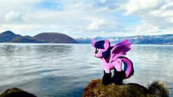 Size: 2048x1152 | Tagged: safe, artist:hihin1993, derpibooru import, twilight sparkle, twilight sparkle (alicorn), alicorn, pony, irl, japan, mountain, mountain range, photo, plushie, scenery, solo, water