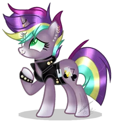Size: 1043x1129 | Tagged: safe, artist:space--paws0w0, derpibooru import, oc, oc:punk note, unofficial characters only, pony, unicorn, belt, blaze (coat marking), bracelet, choker, clothes, ear piercing, earring, female, horn, horn ring, jacket, jewelry, leather jacket, mare, nose piercing, nose ring, piercing, raised hoof, ring, simple background, solo, spiked wristband, transparent background, wristband