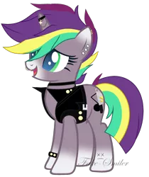 Size: 1584x1888 | Tagged: safe, artist:space--paws0w0, derpibooru import, oc, oc:punk note, unofficial characters only, pony, unicorn, belt, blaze (coat marking), bracelet, choker, clothes, ear piercing, earring, female, horn, horn ring, jacket, jewelry, leather jacket, mare, nose piercing, nose ring, piercing, ring, simple background, solo, spiked wristband, transparent background, wristband