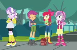 Size: 660x429 | Tagged: safe, derpibooru import, screencap, apple bloom, diamond tiara, scootaloo, sweetie belle, equestria girls, equestria girls series, fomo, spoiler:eqg series (season 2), apple bloom's bow, backpack, book, boots, bow, clothes, compression shorts, cutie mark crusaders, ear piercing, earring, eyes closed, female, hair bow, jewelry, mobile phone, pants, phone, piercing, shoes, shorts, skirt, smartphone, smiling