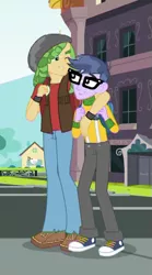 Size: 297x534 | Tagged: safe, derpibooru import, screencap, microchips, sandalwood, equestria girls, equestria girls series, fomo, spoiler:eqg series (season 2), canterlot high, clothes, converse, cropped, glasses, pants, shoes, smiling, sneakers