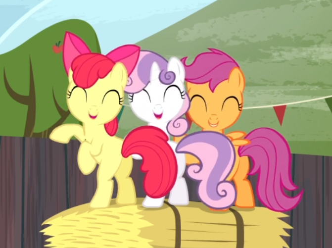 Size: 671x501 | Tagged: safe, derpibooru import, screencap, apple bloom, scootaloo, sweetie belle, earth pony, pegasus, pony, unicorn, appleoosa's most wanted, adorabloom, butt, cropped, cute, cutealoo, cutie mark crusaders, diasweetes, eyes closed, female, filly, hay bale, laughing, plot, raised hoof, smiling, trio