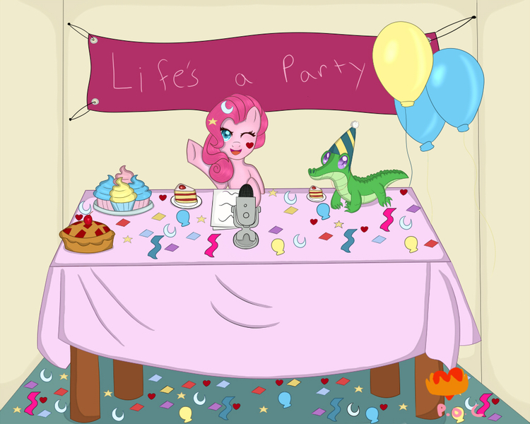 Size: 1024x819 | Tagged: a, artist:princessofcompassion, ask pinkie pie, balloon, banner, cake, confetti, cupcake, derpibooru import, food, gummy, life's, microphone, party, pie, pinkie pie, safe, table