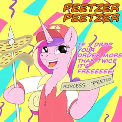 Size: 1600x1600 | Tagged: safe, artist:pavlovzdawg, derpibooru import, princess cadance, pony, 90's aesthetic, cadance's pizza delivery, food, hat, heart eyes, little caesars, meat, open mouth, peetzer, pepperoni, pepperoni pizza, pizza, solo, that pony sure does love pizza, wingding eyes