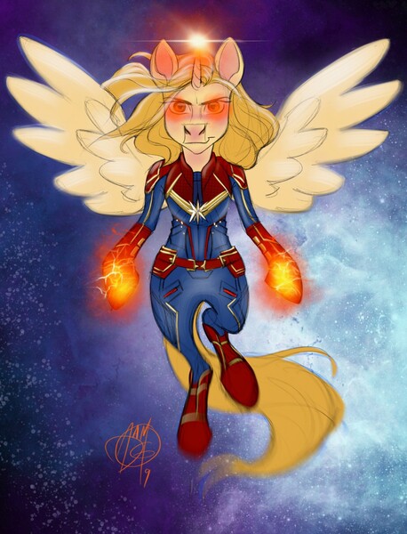 Size: 977x1280 | Tagged: safe, artist:aerosaur83, derpibooru import, ponified, alicorn, pony, captain marvel, captain marvel (marvel), crossover, disney, disney style, female, hasbro, magic, mare, marvel, solo, style emulation