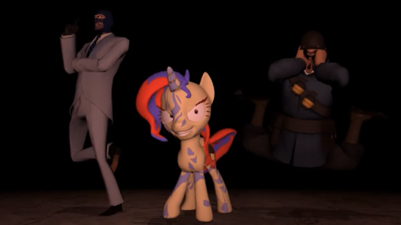 Size: 1334x750 | Tagged: safe, artist:theinvertedshadow, artist:tishadster, derpibooru import, sunset shimmer, pony, 3d, doppelganger (tf2 freak), gmod, painis vagicake, painset shimmercakes, soldier, spy, team fortress 2